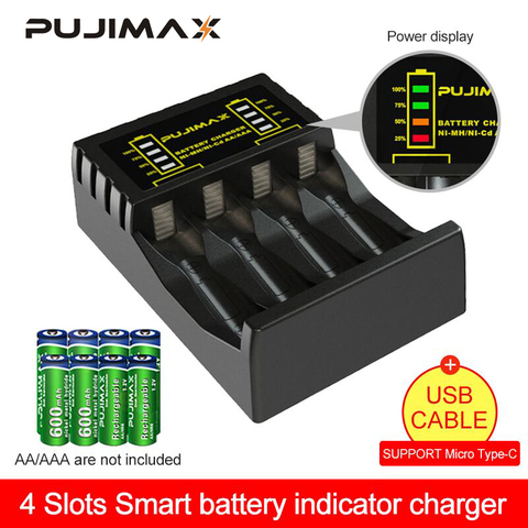 PUJIMAX-cargador de batería eléctrico con 4 ranuras, indicador LED rápido inteligente, Cargador USB para AA/AAA Ni-MH/ni-cd, batería recargable ► Foto 1/6