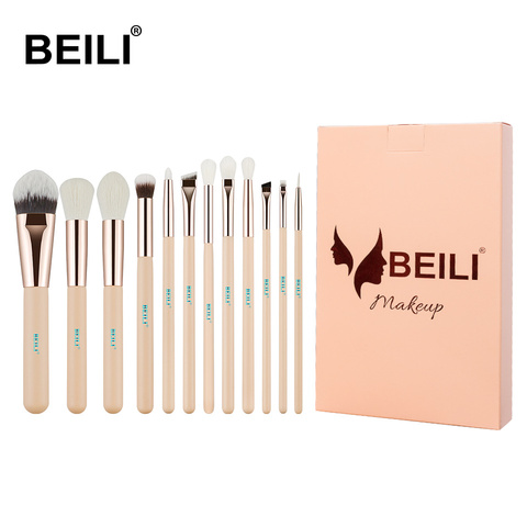 BEILI-Base de pelo de cabra Natural, rosa y dorado, sombra de ojos, colorete en polvo, resaltador, juego de brochas de maquillaje, 12 Uds. ► Foto 1/6