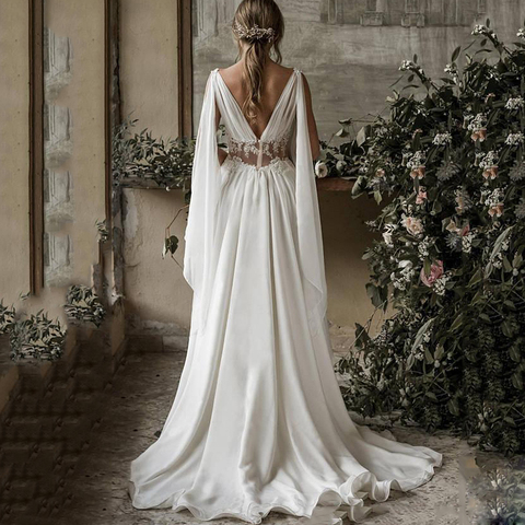 2022 Boho playa vestidos de boda una línea de cuello en V sin mangas de barrido tren vestidos de novia apliques sin respaldo Chiffon de talla grande ► Foto 1/5