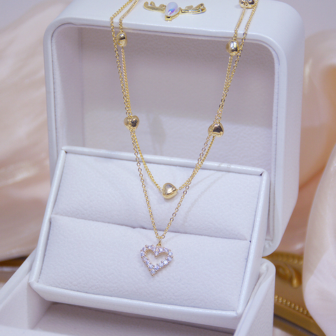 Collar de doble capa de oro de 14k con forma de corazón para mujer, cadena brillante de circonita AAA, colgante de boda con encanto elegante ► Foto 1/6