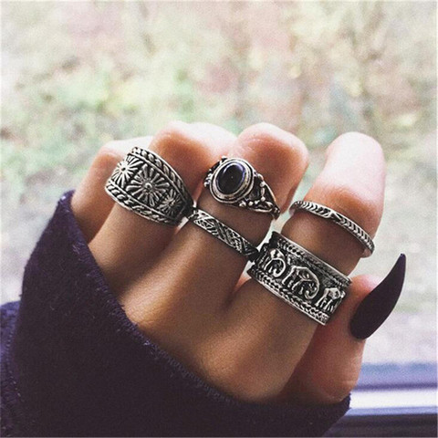 Docona-anillo bohemio con forma de elefante y flor para mujer, conjunto de 5 Anillos con nudillos, Ópalo negro, 6222 ► Foto 1/6