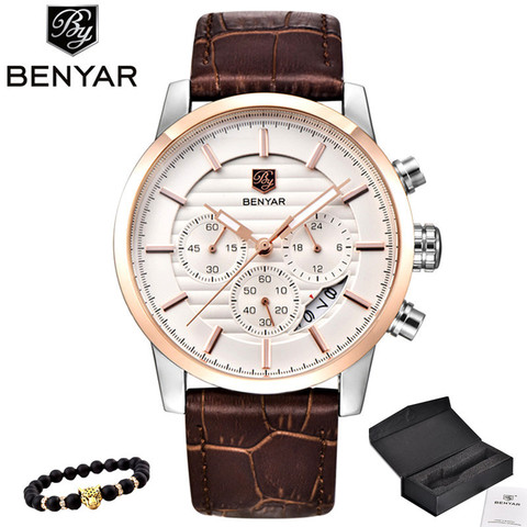 BENYAR reloj para hombre reloj de cuarzo de marca top lujosa para hombre reloj deportivo elegante analógico con correa de cuero para hombre reloj de pulsera nuevo resistente al agua ► Foto 1/6