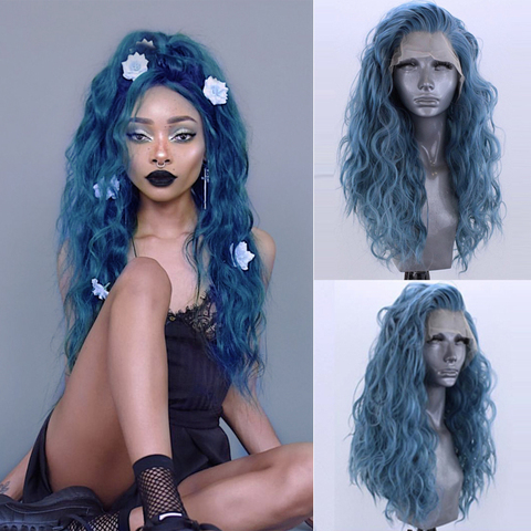 Carisma azul pelucas sintético peluca con malla frontal con el pelo del bebé resistente al calor de la onda de agua del pelo pelucas para mujeres negras peluca Cosplay ► Foto 1/6