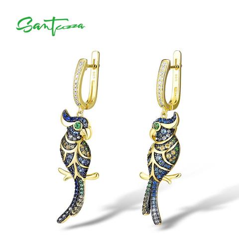 SANTUZZA-pendientes de plata de ley 925 para mujer, Color dorado y plateado, azul brillante, CZ, Pendientes colgantes de pájaro, joyería fina ► Foto 1/5