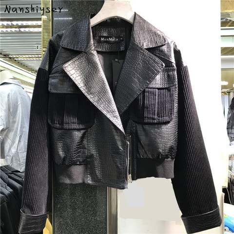 Chaqueta de algodón a rayas para mujer, chaqueta de cuero sintético con costuras, corta, de talla grande, chaqueta de cuero estilo motorista, ropa de calle para otoño ► Foto 1/6