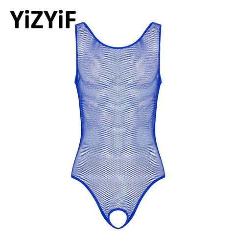 Bañador Sexy de una pieza para hombre, Monokini de malla calada, lencería de cuello redondo sin mangas, Mono para dormir con entrepierna abierta ► Foto 1/6