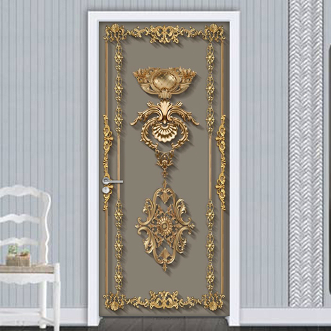 Pegatina autoadhesiva para puerta, papel tapiz 3D de estilo europeo con patrón de flores doradas, sala de estar Puerta Mural de del dormitorio para, calcomanías de pared ► Foto 1/6