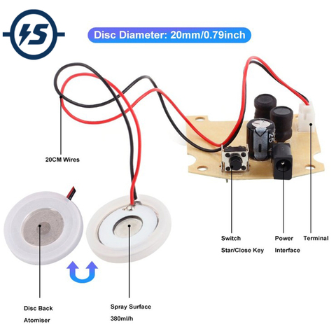 20mm 113 kHz humidificador ultrasónico fabricante de la niebla de cerámica USB del atomizador del transductor humidificado Placa de accesorios módulo PCB D20mm ► Foto 1/6