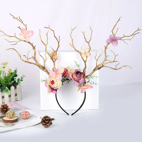 Diadema gótica con diseño de cornamenta y cuernos de ciervo, diadema con ramitas de flores para el pelo, disfraz de Navidad, accesorios para diademas ► Foto 1/6