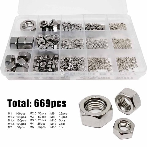 Un Total de 669 Uds M1 M1.2 M1.4 M1.6 M2 M2.5 M3 M3.5 M4 M5 M6 M8 M10 M12 M16 304 A2 hexagonal de acero inoxidable tuerca hexagonal Kit surtido ► Foto 1/6