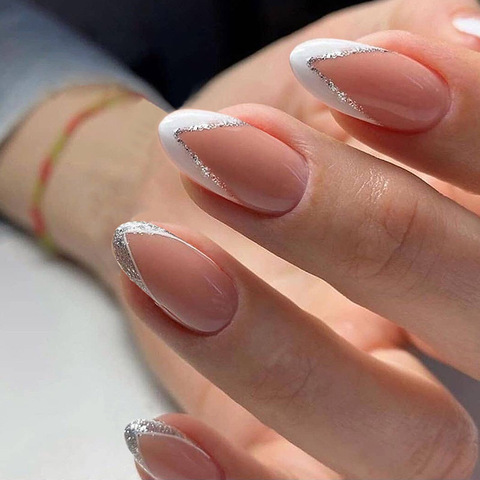 24 unids/caja falso uñas manicura francesa punta ovalada blanco y plata borde diseño uñas artificiales con pegamento para las niñas ► Foto 1/4