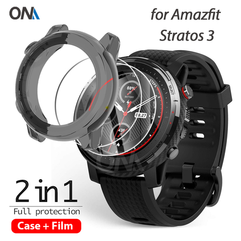 Funda protectora 2 + 1 para reloj inteligente Huami Amazfit stratos 3, funda protectora suave de TPU con película de vidrio templado ► Foto 1/6