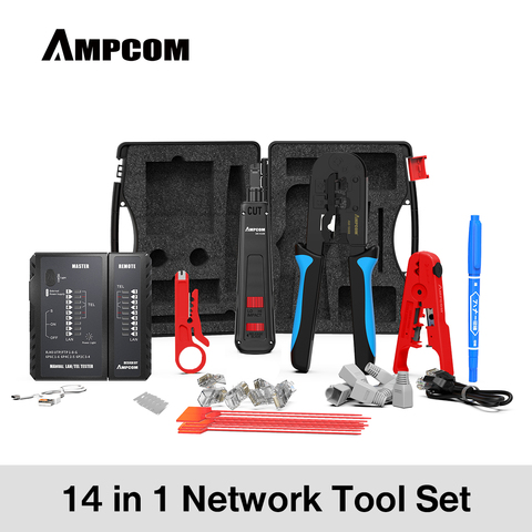 AMPCOM-Kit de herramientas de red profesional, probador de cable Ethernet Rj45 Rj11 Cat6, crimpadora de cables, alicates pelacables, 14 en 1 ► Foto 1/6