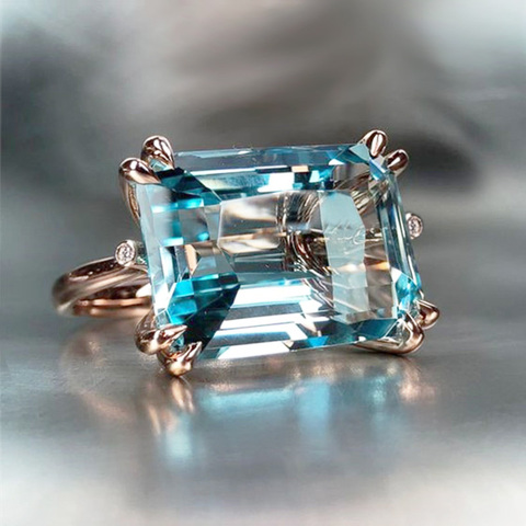 Huitan solitario 4 garra cielo azul anillo para las mujeres romántico oro Color de rosa Horizontal Rectangular de moda en forma de anillos para chicas ► Foto 1/1