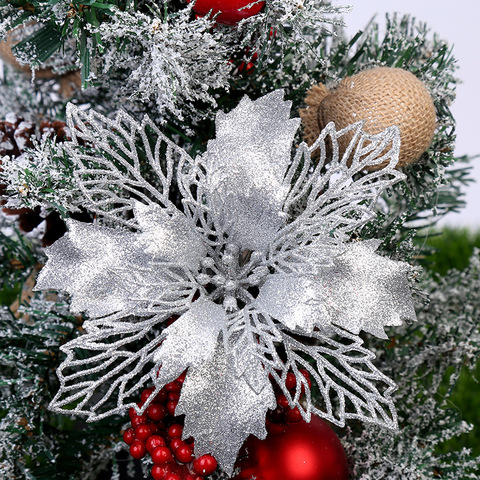 Adornos artificiales de Navidad para el hogar, decoraciones para árboles de Navidad, flores falsas, decoración de Año Nuevo, brillo de 9-16cm, 5 uds. ► Foto 1/6