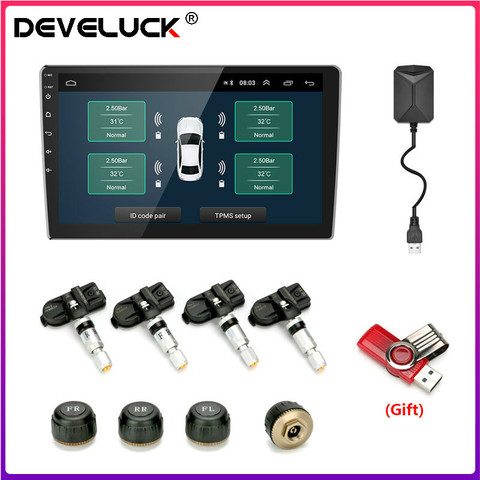 Sistema de supervisión de presión de neumáticos para coche, dispositivo con USB, Android, TPMS, 5V, sensores internos, navegación Android, 4 sensores, Radio ► Foto 1/6