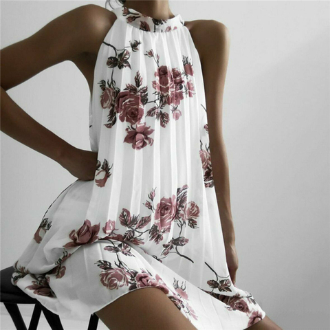 De las mujeres de la moda Boho playa verano sin mangas Halter Floral elegante vestido de hombro suelto vestido damas Streetwear ► Foto 1/5