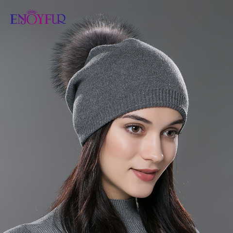 ENJOYFUR invierno mujeres de piel real pom sombreros de lana de punto grueso cálido forrado gorros sombrero señora moda bobble esquí gorras ► Foto 1/6