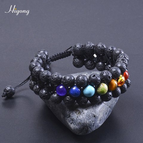 HIYONG 7 Chakra pulsera de piedra Lava Natural piedra pulseras de perlas de tres capas de difusor del aceite de las mujeres de la pulsera de los hombres joyería de Yoga regalo ► Foto 1/6