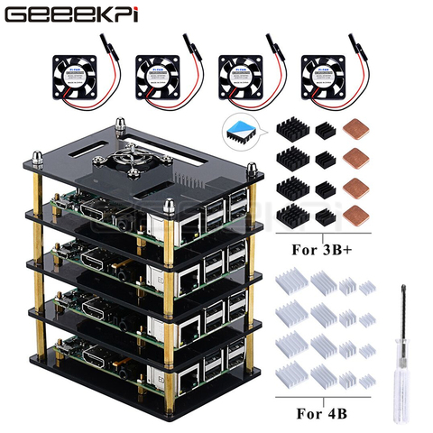 GeeekPi-destornillador disipador de calor con ventilador de refrigeración, 4 capas, acrílico, marrón oscuro/transparente, para Raspberry Pi 4B / 3B + / 3B /2B + ► Foto 1/6