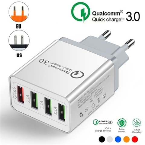 Adaptador de corriente de carga rápida para móvil, cargador de teléfono de 4 puertos, Qc 4,0 Qualcomm, 4 3,0, 3.1A, USB, para Samsung, IPhone, HTC, EU y US ► Foto 1/6