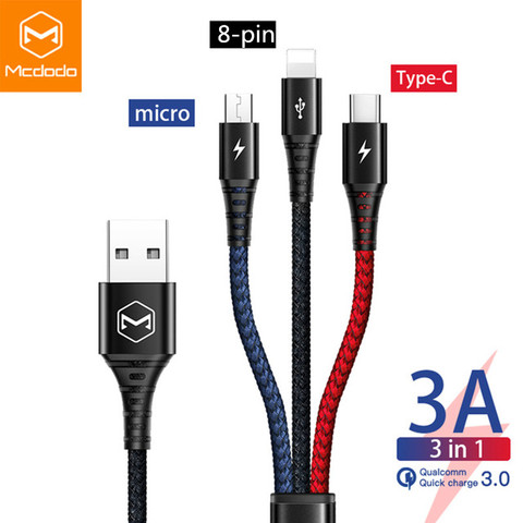 Mcdodo Cable USB 3 en 1 3A Micro USB tipo C Cable para iPhone 11 Pro XR XS Max 7 Huawei Xiaomi Samsung Cable De Carga Rápida 4 en 1 ► Foto 1/6