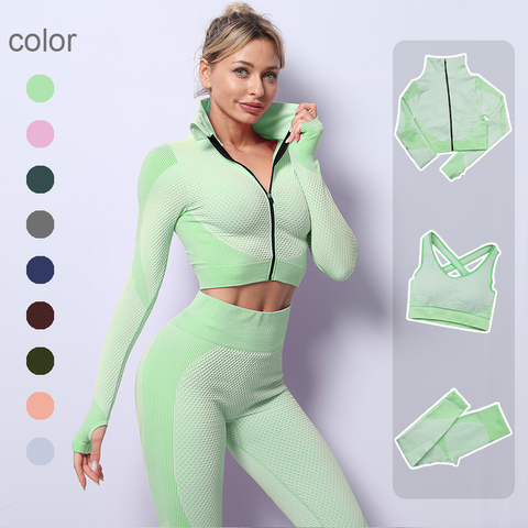 Conjunto de Yoga sin costuras para mujer, ropa deportiva de entrenamiento, gimnasio, Top corto de manga larga para Fitness, Leggings de cintura alta, trajes deportivos, 2/3 Uds. ► Foto 1/6