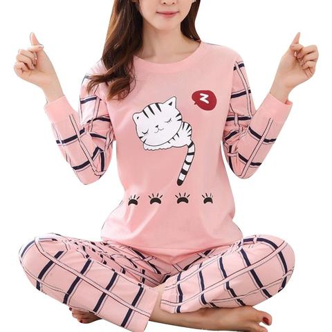 Conjunto de pijama con estampado de gato y dibujos animados para mujer, ropa de dormir de manga larga de dos piezas, para invierno ► Foto 1/5