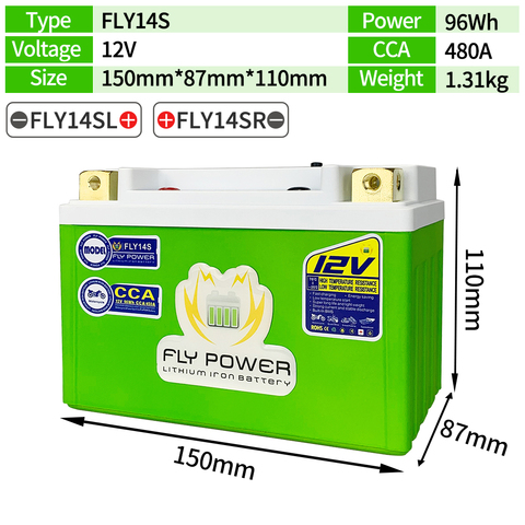 Batería de arranque de motor FLY14S para motocicleta, 12V, LiFePO4, CCA, 480A, 96Wh, litio, fosfato de hierro, BMS, 12V, YTZ14S, GTZ14S ► Foto 1/6