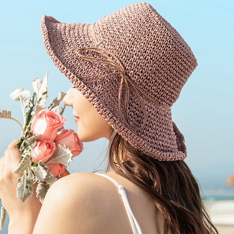Sombrero de Sol de rafia con lazo para mujer, sombrero de paja de rafia plegable, sombrero de playa de ala ancha, sombrero femenino ► Foto 1/5