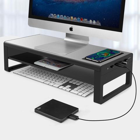 Vaydeer-Soporte de Monitor de aluminio de 2 niveles, con carga inalámbrica y 4 puertos USB 3,0, compatible con transferencia de datos ► Foto 1/6