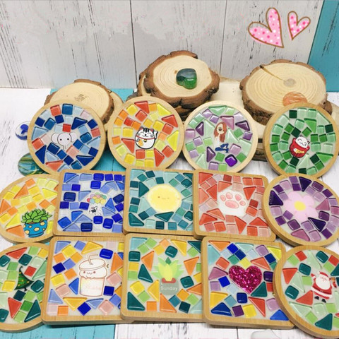 Mosaico de piedra de vidrio hecho a mano para niños, posavasos de bambú, material artesanal, proveedor de mosaico, fabricación de mosaico, 1 Juego ► Foto 1/6