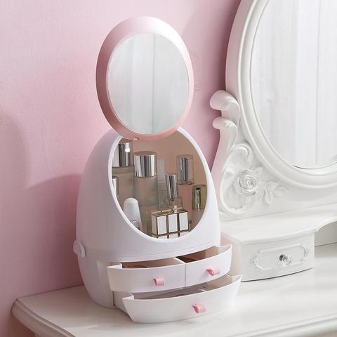 Caja de almacenamiento de cosméticos, organizador de maquillaje portátil de escritorio, caja de exhibición con espejo para tocador de baño ► Foto 1/1