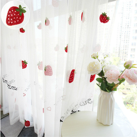 Bonitas cortinas de tul con fresas para niña y niños, cortinas de habitación, sala de estar, dormitorio, ventana blanca bordada pura ► Foto 1/6