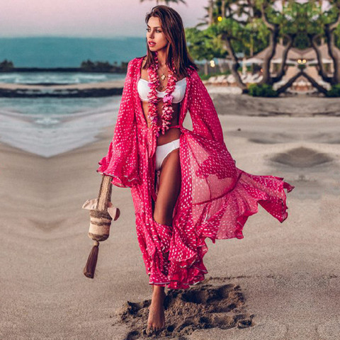 Vestido playero fruncido con manga acampanada para mujer, Túnica de gasa con estampado de lunares bohemios, vestido playero para mujer Q914 2022 ► Foto 1/6