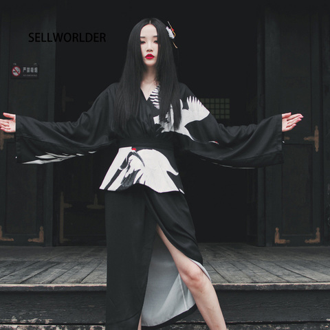 Vestido largo de dibujo de calavera para mujer, Estilo Kimono japonesa, negro, holgado, Sexy, cuello de pico, cintura ajustable, abertura, 2022 ► Foto 1/6