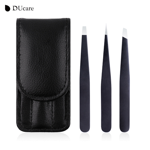 DUcare-pinzas para cejas de acero inoxidable, Kit de herramientas de maquillaje con bolsa, punta de punto, Punta inclinada, punta plana, 3 uds. ► Foto 1/6