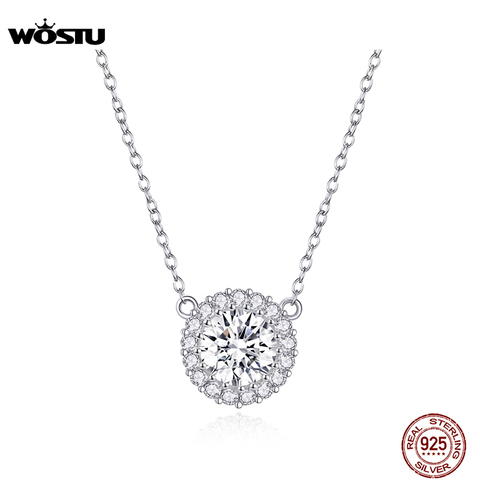 WOSTU-Colgante de circonia redonda para mujer, de plata de ley 100% 925, cadena larga, joyería de boda CQN345 ► Foto 1/6