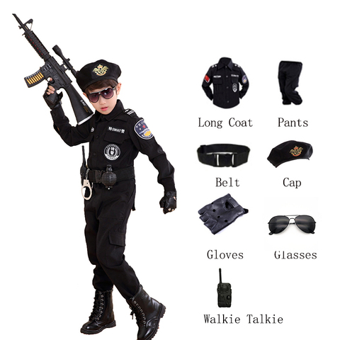 Disfraces de policía de Halloween para niños, uniforme de policía para fiesta de carnaval, 110-160cm, conjunto de ropa de Cosplay del ejército ► Foto 1/6