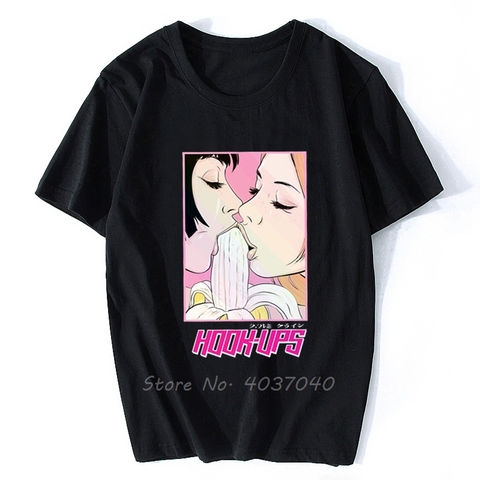 Vintage de los años 90 gancho Ups estilo 2 chicas comer Banana Anime Hentai camiseta de verano de algodón de los hombres camiseta Hip Hop camisetas Tops Streetwear ► Foto 1/6