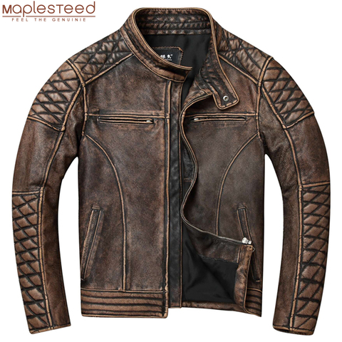 Chaqueta de cuero Vintage para hombre, abrigo de 100% grueso de piel de vaca auténtica para motorista, ajustado, para otoño, talla asiática, S-5XL, M419 ► Foto 1/6