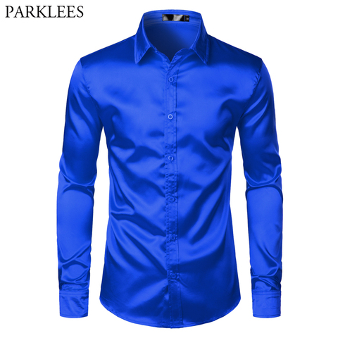 Seda azul real camisa de satén hombres 2022 de la marca de lujo de Nueva Slim Fit camisas de vestir para hombre de fiesta de boda Casual de hombre camisa Casual Camisa ► Foto 1/6