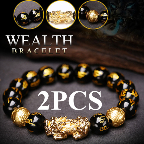 2 uds pulsera Pixiu negro riqueza pulsera Feng shui pulseras obsidiana pulsera de perlas de piedra de la suerte pulsera para hombre mujer ► Foto 1/6