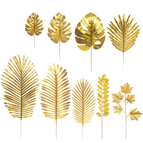 Hoja de tela de oro Artificial para decoración de boda, hojas de árbol de cumpleaños de Navidad, rama de hojas de palma de seda Artificial, Uds. ► Foto 1/6