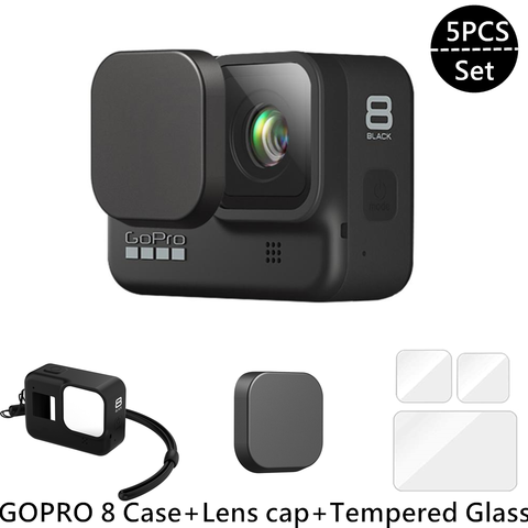 Funda de silicona que protege la GoPro Hero 8, protector de pantalla de vidrio templado, tapa de objetivo, accesorios ► Foto 1/6
