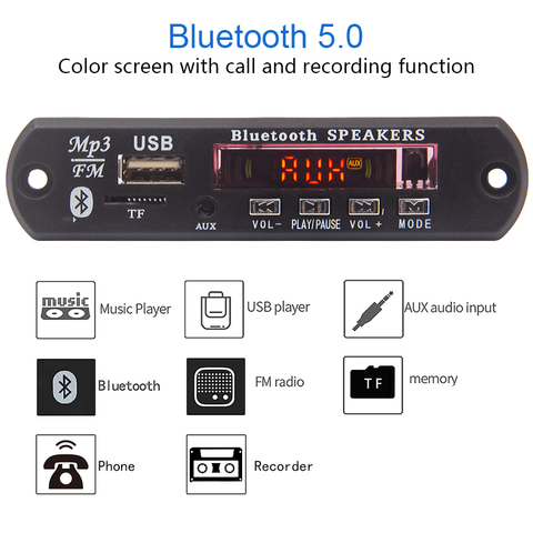 Bluetooth 5,0 placa decodificadora de MP3 WMA WAV FLAC mono 12V módulo inalámbrico Audio Color pantalla TF USB FM Radio con la grabación de la llamada ► Foto 1/6