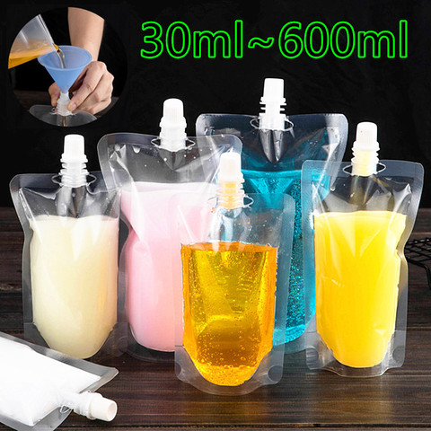 Bolsas de plástico transparente con boquilla para bebidas, 100 Uds., 30ml ~ 600ml, para fiesta, boda, zumo de fruta, cerveza con embudos ► Foto 1/6