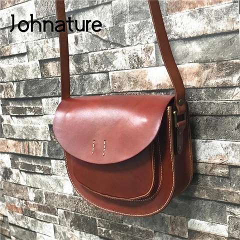 Johnature-Bolso sencillo de piel de vaca para mujer, bandolera de piel de vaca, 2022 hechos a mano nuevos, estilo Vintage, con cierre de Color sólido, pequeño ► Foto 1/6