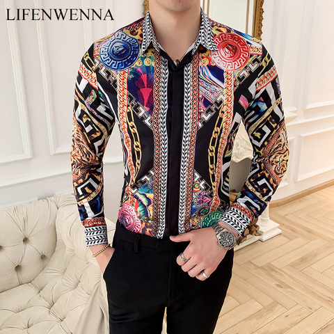 LIFENWENNA, camisa de manga larga estampada para otoño para hombre, nueva moda hawaiana, camisas entalladas informales para fiesta y Club nocturno, camisas para hombre M-4XL ► Foto 1/6