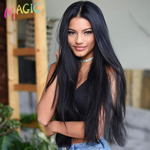 Magic-peluca recta natural de 30 pulgadas para mujeres negras, peluca con malla frontal sintética, pelo de fibra resistente al calor ► Foto 1/1